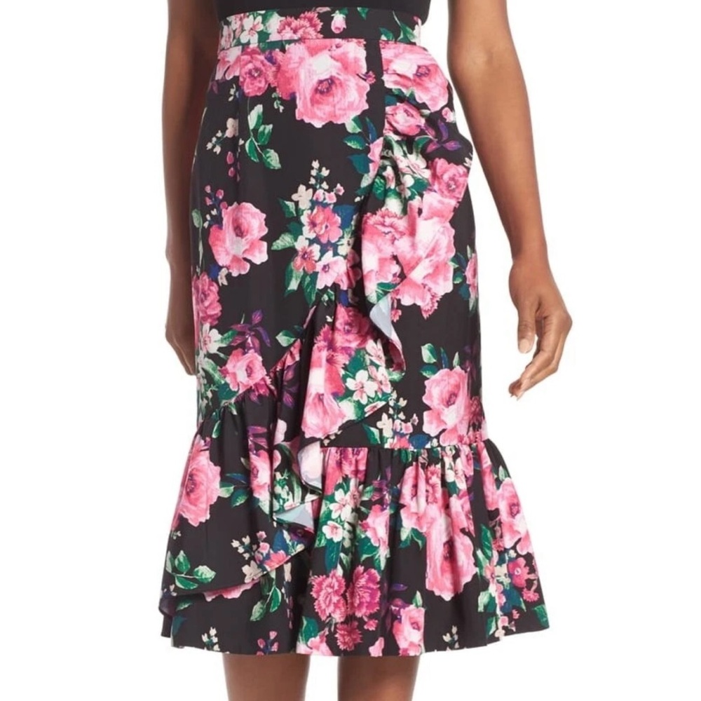 Eliza J Floral Ruffle Hem Midi Skirt Black Pink Floral Garden Print Size 12